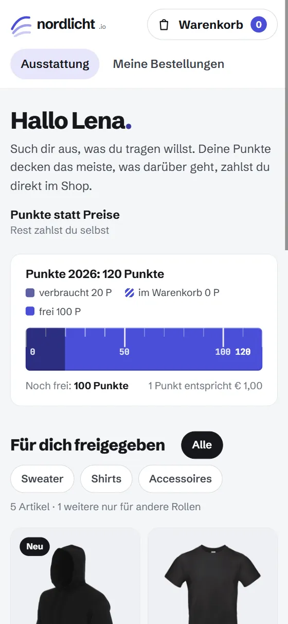 Brand Shop am Handy, klassische Variante: viel Weiß, Punkte-Budget und freigegebene Artikel