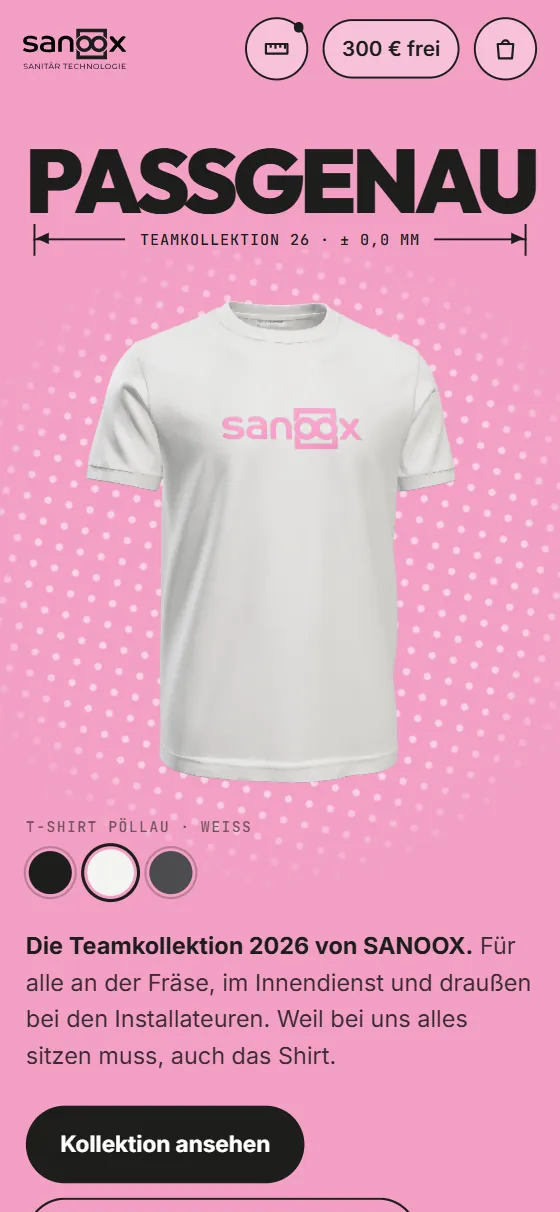 Brand Shop am Handy, verspielte Variante: Kollektion Passgenau auf Rosa mit Maßlinie und weißem T-Shirt
