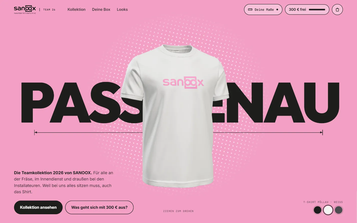 Startseite des SANOOX-Shops: Teamkollektion „Passgenau“ auf Rosa, weißes T-Shirt mit rosa Logo