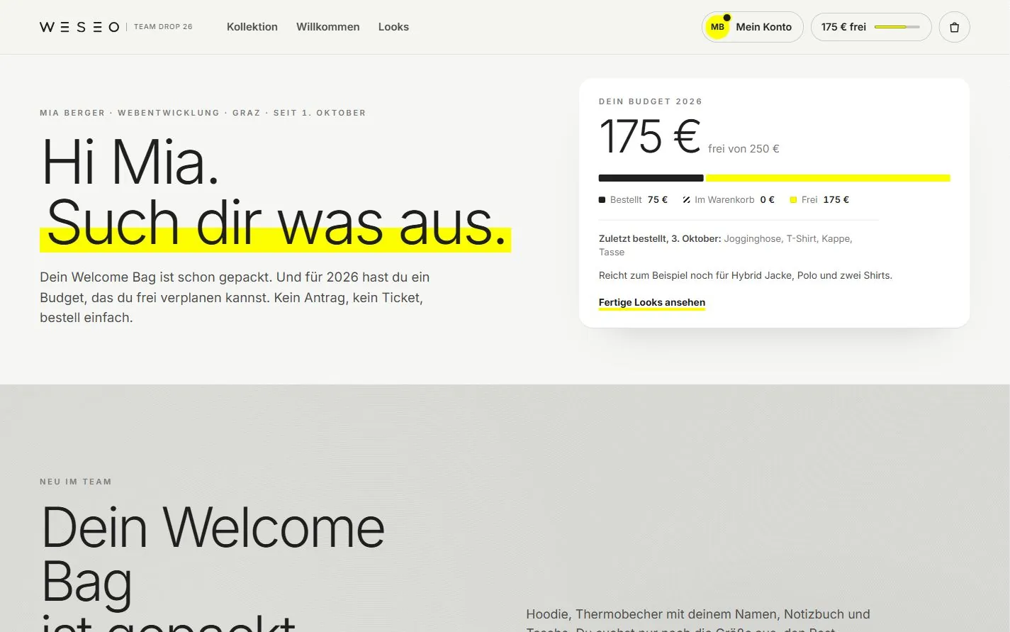 Brand Shop: Hi Mia. Such dir was aus. Daneben das Budget 2026 mit 175 Euro frei von 250 Euro.