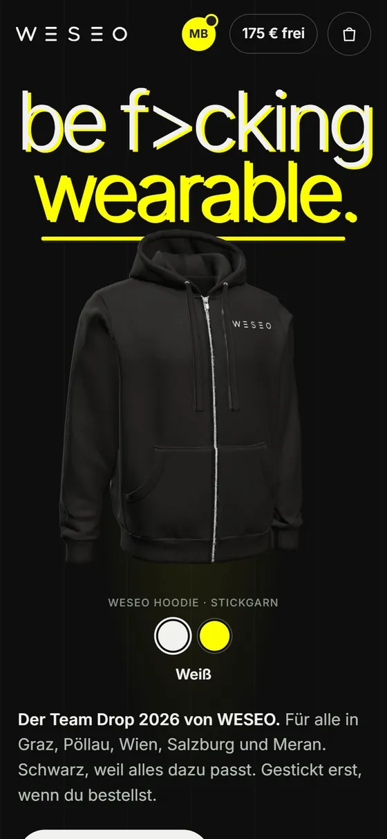 Brand Shop am Handy, markante Variante: Schwarz mit frechem Claim, Hoodie und Wahl des Stickgarns
