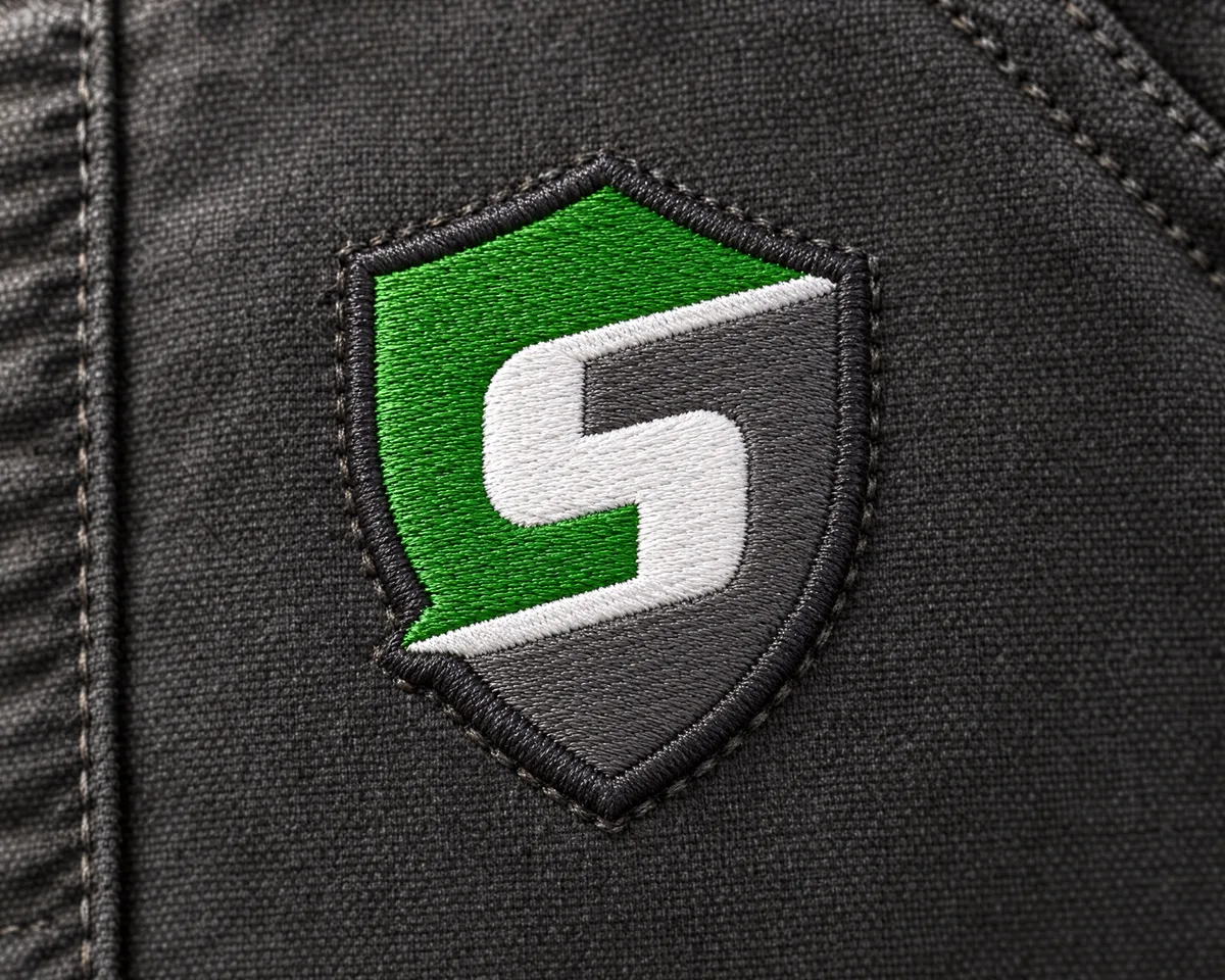 Gestickter Patch mit umkettetem Rand auf einer Arbeitsjacke aus Canvas